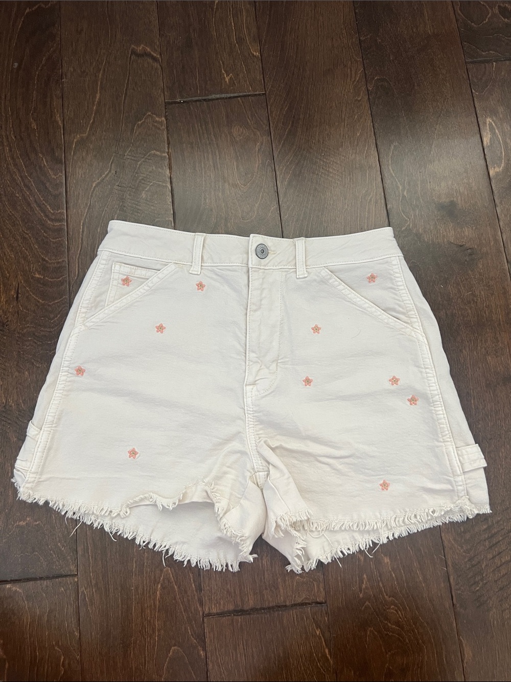 American Eagle Outfitters White Denim Shorts with Pink Star Embroidery